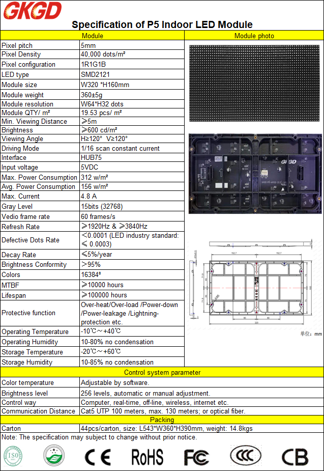 Модуль светодиодный Indoor P5 SMD RGB HJMA409 GKGD